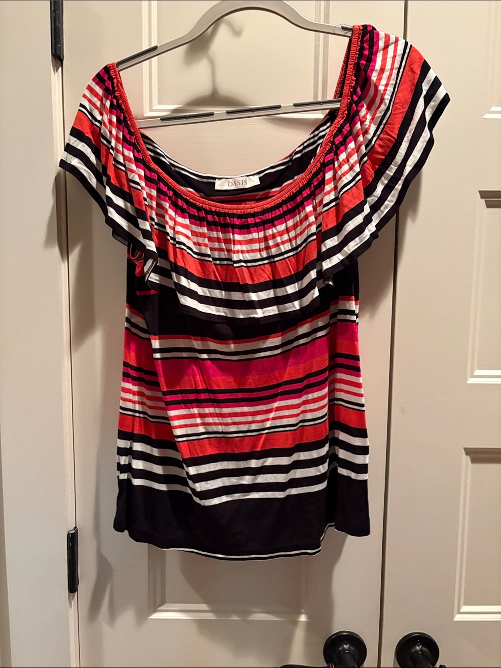 Oasis Striped Off-Shoulder Tunic in Pink, Red & Black